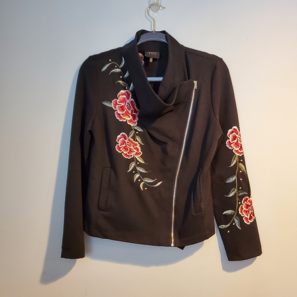 Black Floral Embroidered Moto Jacket, Size M
